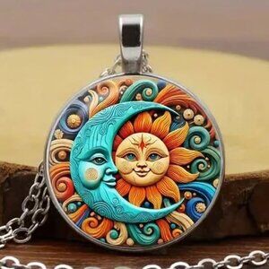 Silver CELESTIAL Sun Moon Glass Cabochon Pendant Necklace